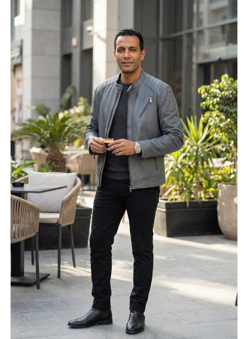 Lezaroty Men’s Leather Jacket Slate Blue Slim Biker Style Quilted Shoulders Stand Collar Front Zipper with Diagonal Chest and Side Zip Pockets - Image 1